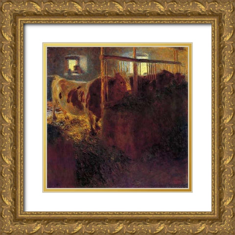 Cows In A Satble 1899 Gold Ornate Wood Framed Art Print with Double Matting by Klimt, Gustav