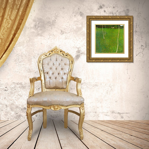 Farmhouse With Birch Trees Gold Ornate Wood Framed Art Print with Double Matting by Klimt, Gustav