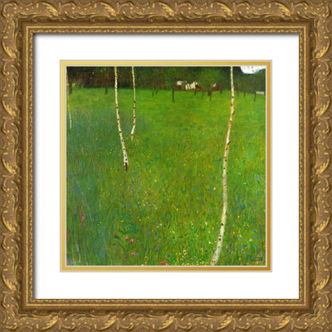 Farmhouse With Birch Trees Gold Ornate Wood Framed Art Print with Double Matting by Klimt, Gustav