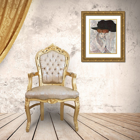 Lady With Black Feather Hat 1910 Gold Ornate Wood Framed Art Print with Double Matting by Klimt, Gustav