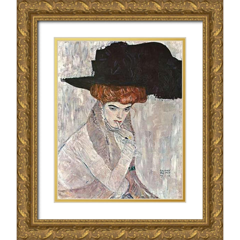 Lady With Black Feather Hat 1910 Gold Ornate Wood Framed Art Print with Double Matting by Klimt, Gustav
