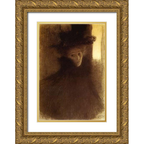 Lady With Cape And Hat 1898 Gold Ornate Wood Framed Art Print with Double Matting by Klimt, Gustav