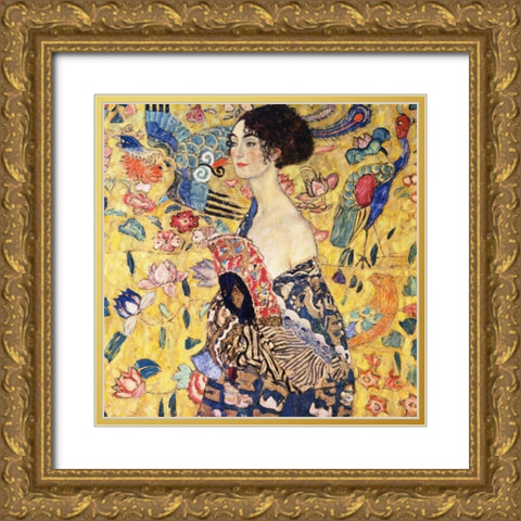 Lady With Fan Gold Ornate Wood Framed Art Print with Double Matting by Klimt, Gustav