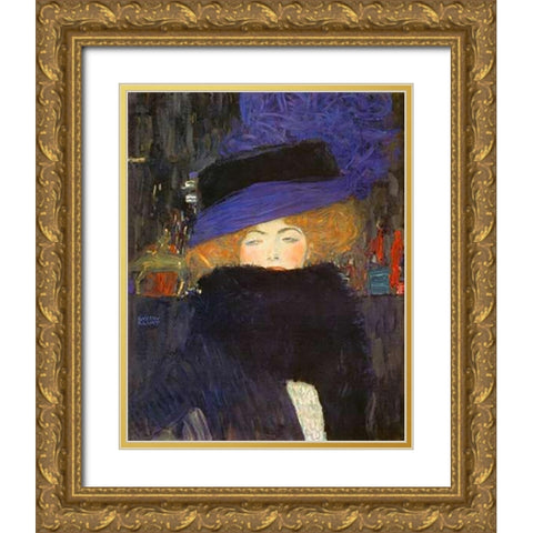 Lady With Hat And Featherboa 1909 Gold Ornate Wood Framed Art Print with Double Matting by Klimt, Gustav