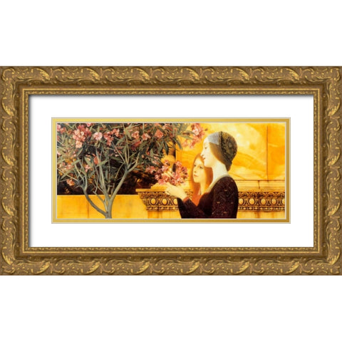 Two Girls With Oleander c. 1892 Gold Ornate Wood Framed Art Print with Double Matting by Klimt, Gustav