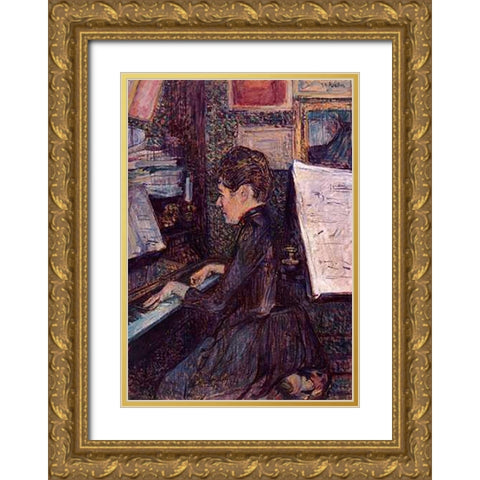 Mlle Dihau Playing The Piano Gold Ornate Wood Framed Art Print with Double Matting by Toulouse-Lautrec, Henri