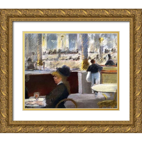 Cafe Place du Theatre Francais Gold Ornate Wood Framed Art Print with Double Matting by Manet, Edouard