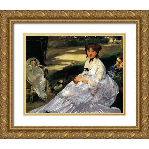 In the Garden Gold Ornate Wood Framed Art Print with Double Matting by Manet, Edouard