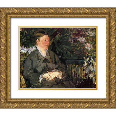 Mme Manet in the Conservatory, 1879 Gold Ornate Wood Framed Art Print with Double Matting by Manet, Edouard