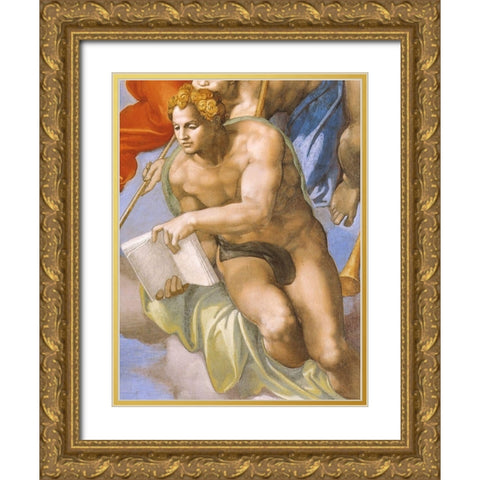 Detail From The Last Judgement (Angel) Gold Ornate Wood Framed Art Print with Double Matting by Michelangelo