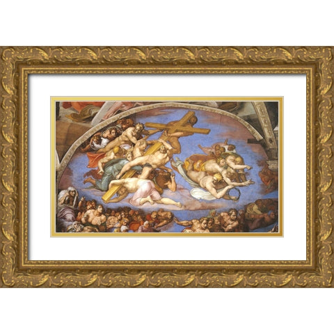 Detail From The Last Judgement (Angels Carrying The Cross) Gold Ornate Wood Framed Art Print with Double Matting by Michelangelo