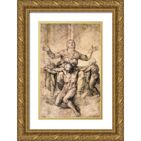 Pieta-4 Gold Ornate Wood Framed Art Print with Double Matting by Michelangelo