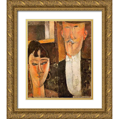 Bride And Groom Les Maries Gold Ornate Wood Framed Art Print with Double Matting by Modigliani, Amedeo