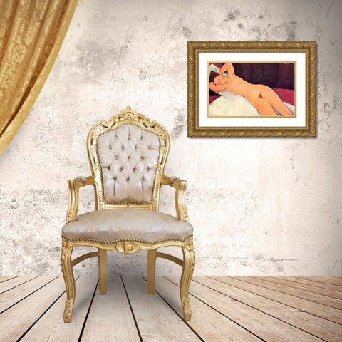 Eyes Closed Reclining Nude Gold Ornate Wood Framed Art Print with Double Matting by Modigliani, Amedeo