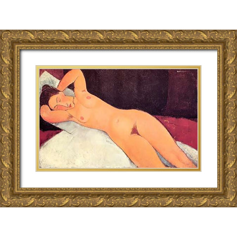 Eyes Closed Reclining Nude Gold Ornate Wood Framed Art Print with Double Matting by Modigliani, Amedeo
