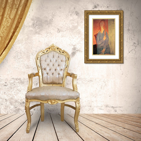Girl In Blue Dress Gold Ornate Wood Framed Art Print with Double Matting by Modigliani, Amedeo