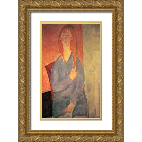 Girl In Blue Dress Gold Ornate Wood Framed Art Print with Double Matting by Modigliani, Amedeo