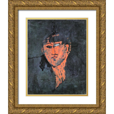 Head Of A Young Woman Gold Ornate Wood Framed Art Print with Double Matting by Modigliani, Amedeo