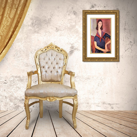 Jeanne Hebuterne Gold Ornate Wood Framed Art Print with Double Matting by Modigliani, Amedeo