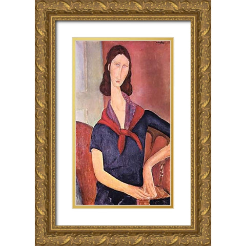 Jeanne Hebuterne Gold Ornate Wood Framed Art Print with Double Matting by Modigliani, Amedeo