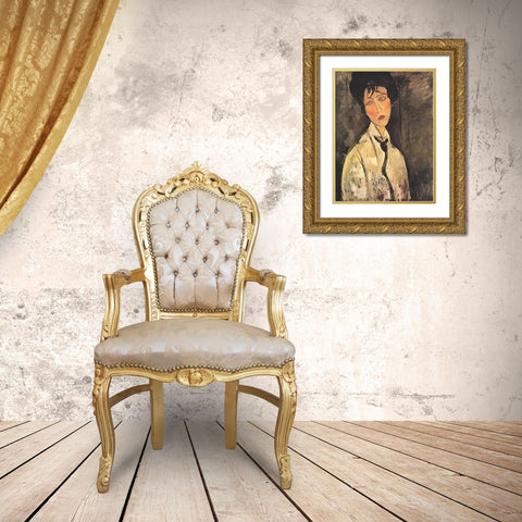 Lady With Black Tie Gold Ornate Wood Framed Art Print with Double Matting by Modigliani, Amedeo