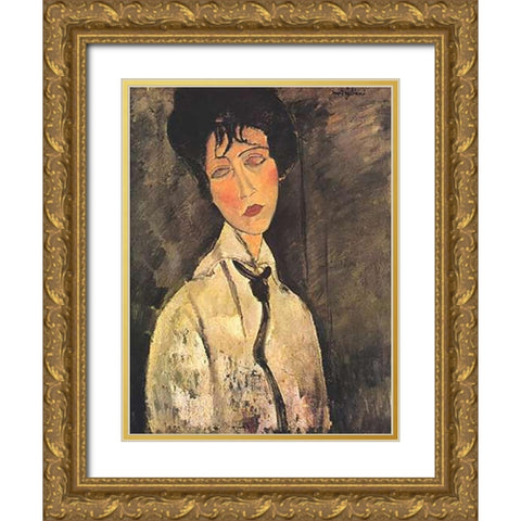 Lady With Black Tie Gold Ornate Wood Framed Art Print with Double Matting by Modigliani, Amedeo
