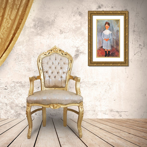 Little Girl In Blue Gold Ornate Wood Framed Art Print with Double Matting by Modigliani, Amedeo