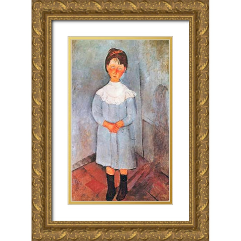 Little Girl In Blue Gold Ornate Wood Framed Art Print with Double Matting by Modigliani, Amedeo