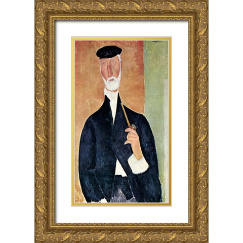 Man With Pipe Gold Ornate Wood Framed Art Print with Double Matting by Modigliani, Amedeo