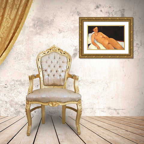 Nude With Coral Necklace Gold Ornate Wood Framed Art Print with Double Matting by Modigliani, Amedeo