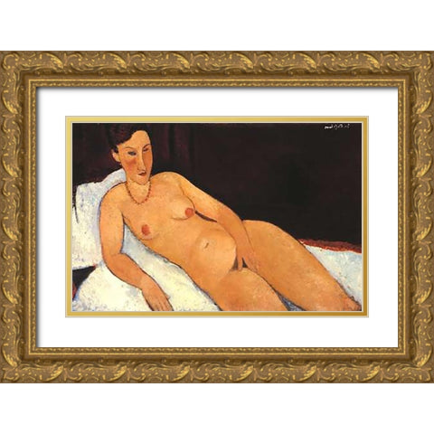 Nude With Coral Necklace Gold Ornate Wood Framed Art Print with Double Matting by Modigliani, Amedeo