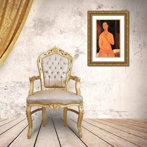 Nude With Necklace Gold Ornate Wood Framed Art Print with Double Matting by Modigliani, Amedeo