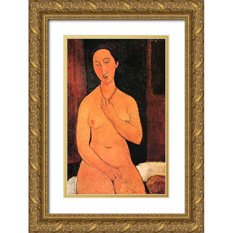 Nude With Necklace Gold Ornate Wood Framed Art Print with Double Matting by Modigliani, Amedeo