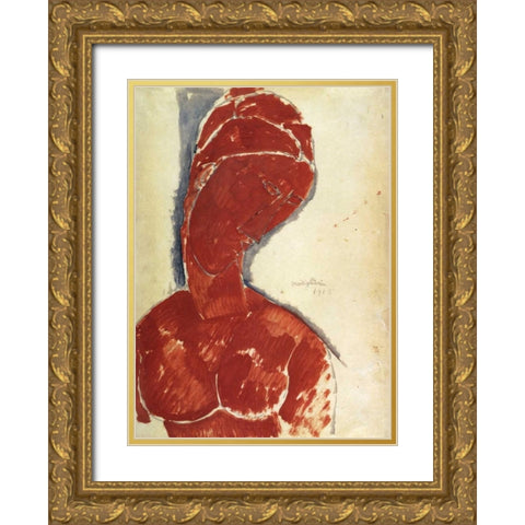 Portrait In Red Gold Ornate Wood Framed Art Print with Double Matting by Modigliani, Amedeo