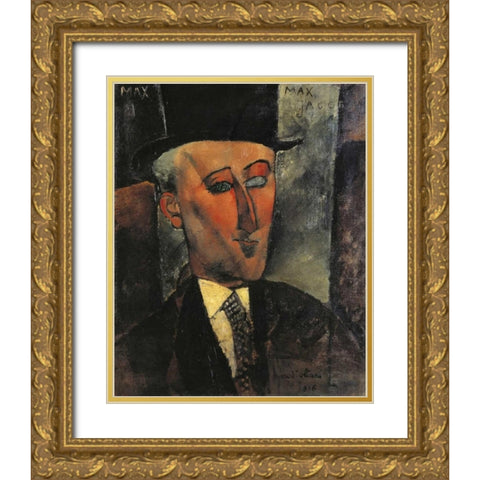 Portrait Of Max Jacob Gold Ornate Wood Framed Art Print with Double Matting by Modigliani, Amedeo