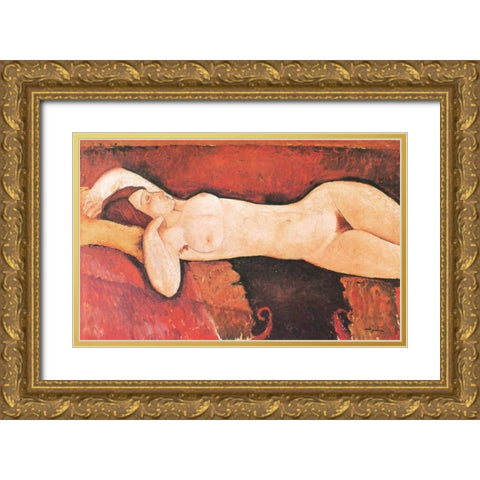 Reclining Nude Le Grand Nu Gold Ornate Wood Framed Art Print with Double Matting by Modigliani, Amedeo