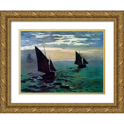 Boats Leaving The Harbor Gold Ornate Wood Framed Art Print with Double Matting by Monet, Claude