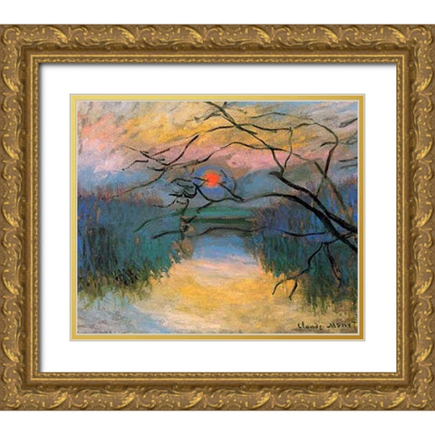 Coucher de soleil sur la Seine a Vetheuil Gold Ornate Wood Framed Art Print with Double Matting by Monet, Claude