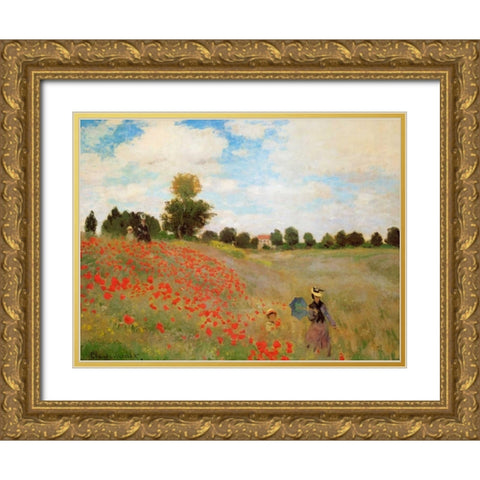 Field Of Poppies - Les Coquelicots 1873 Gold Ornate Wood Framed Art Print with Double Matting by Monet, Claude
