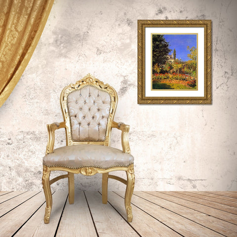 Flowering Garden 1866 Gold Ornate Wood Framed Art Print with Double Matting by Monet, Claude