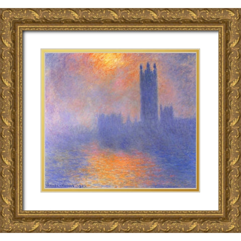 Houses Of Parliment Through The Fog Gold Ornate Wood Framed Art Print with Double Matting by Monet, Claude