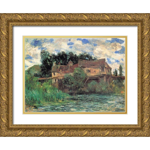 Houses On The Old Bridge At Vernon 1883 Gold Ornate Wood Framed Art Print with Double Matting by Monet, Claude