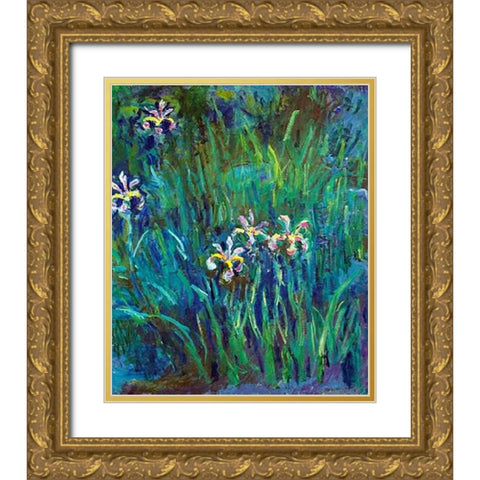 Irises 1914-1917 Gold Ornate Wood Framed Art Print with Double Matting by Monet, Claude