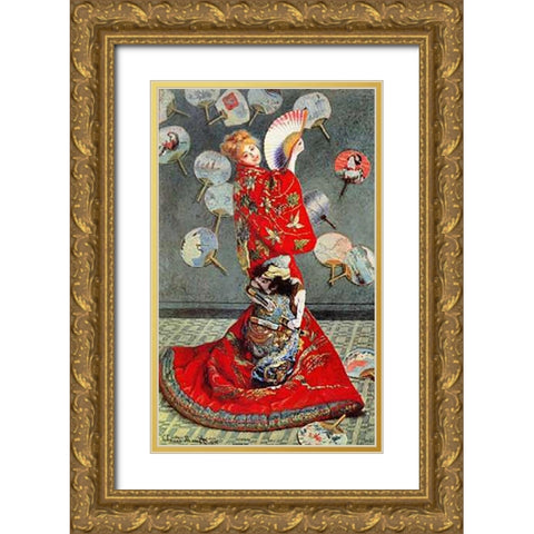 La Japonaise 1876 Gold Ornate Wood Framed Art Print with Double Matting by Monet, Claude