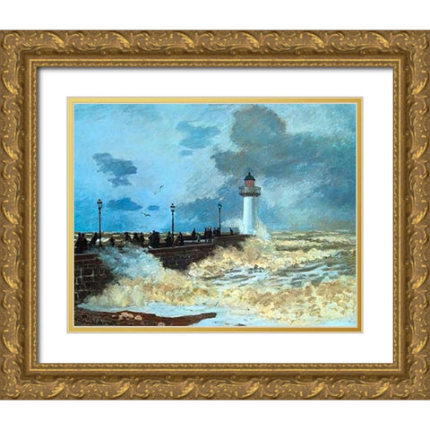 La Jettee Du Harvre Gold Ornate Wood Framed Art Print with Double Matting by Monet, Claude