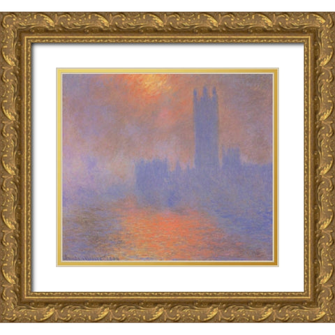 London Parliament With The Sun Breaking Through Fog Gold Ornate Wood Framed Art Print with Double Matting by Monet, Claude