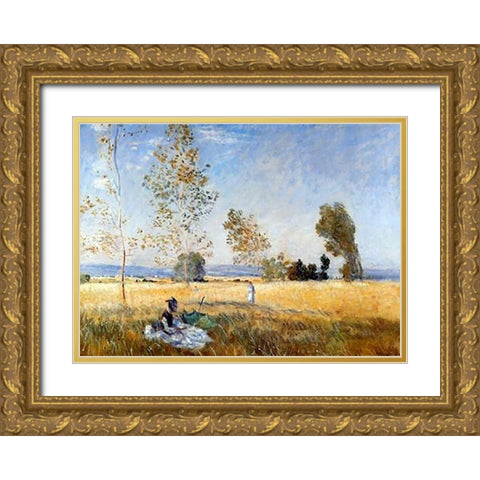 Meadow At Bezons Gold Ornate Wood Framed Art Print with Double Matting by Monet, Claude