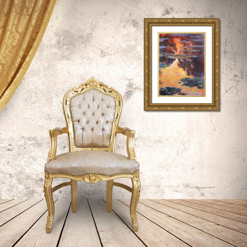 Nympheas Sunset Effect 1907 Gold Ornate Wood Framed Art Print with Double Matting by Monet, Claude