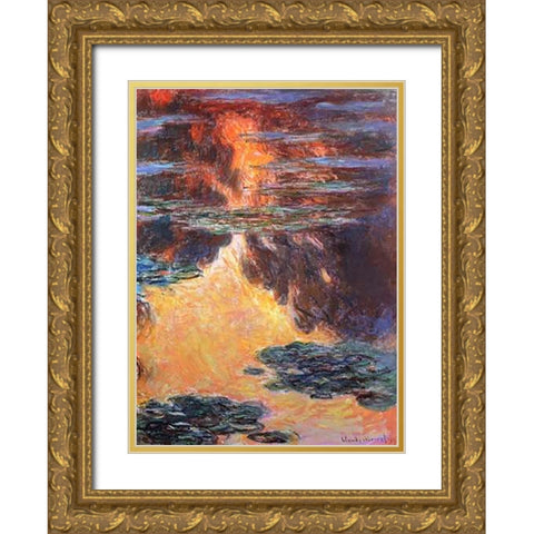 Nympheas Sunset Effect 1907 Gold Ornate Wood Framed Art Print with Double Matting by Monet, Claude