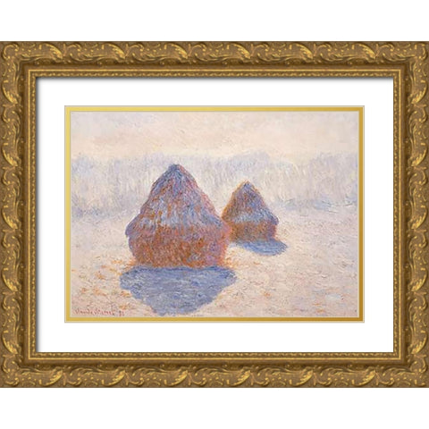 Stacks Of Wheat Winter Effect Gold Ornate Wood Framed Art Print with Double Matting by Monet, Claude
